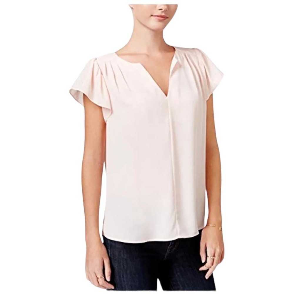 Maison Jules Women's Slit Neck Flutter Sleeve Blouse Pearl Blush Summer XS